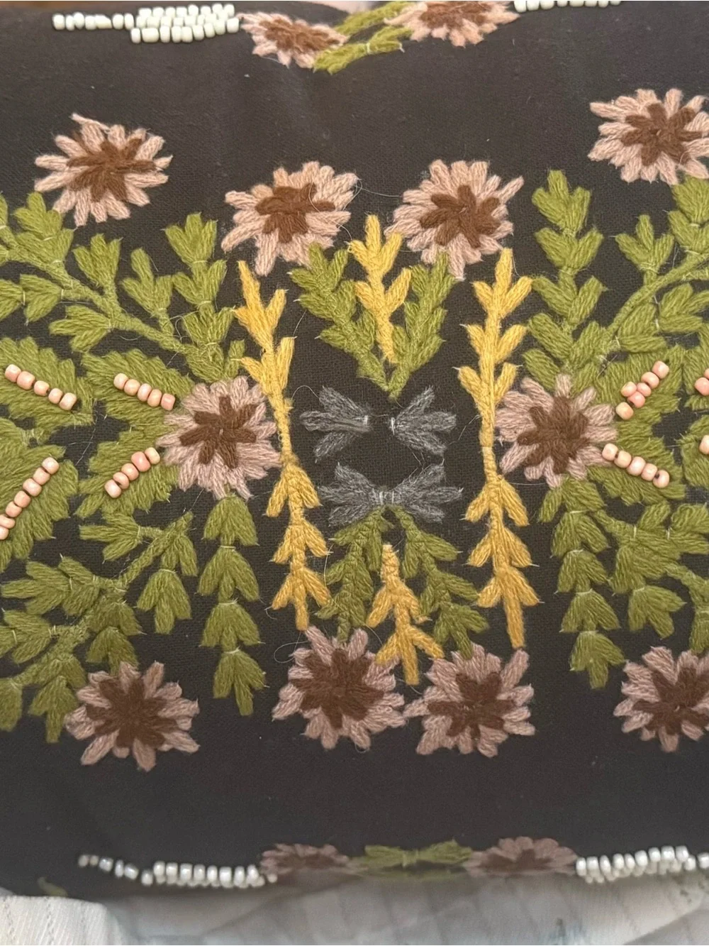 Embroidered Floral Decorative Pillow Cover in Black and Green